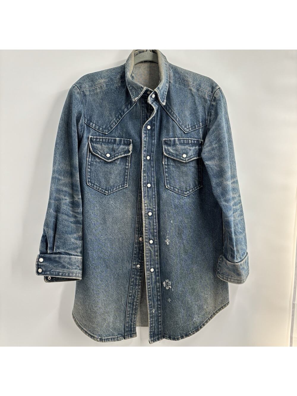 Vintage Heavy Denim Western Shirt Handmade Pearl Snap Faded Indigo Ranchwear